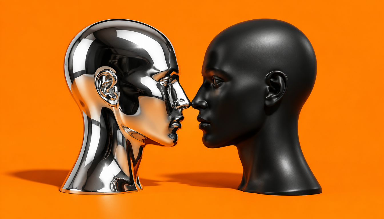 Two identical mannequin heads facing each other, one chrome and one matte black, on a bright orange background