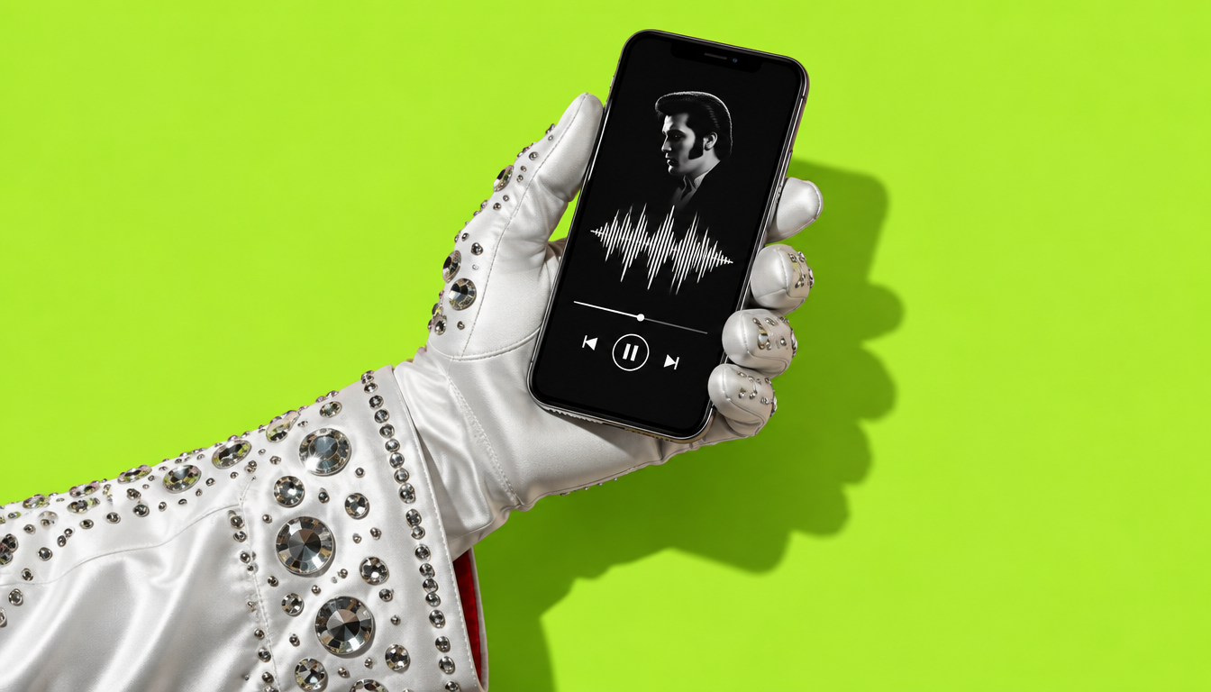 A rhinestone glove holding a smartphone playing music on a lime green background