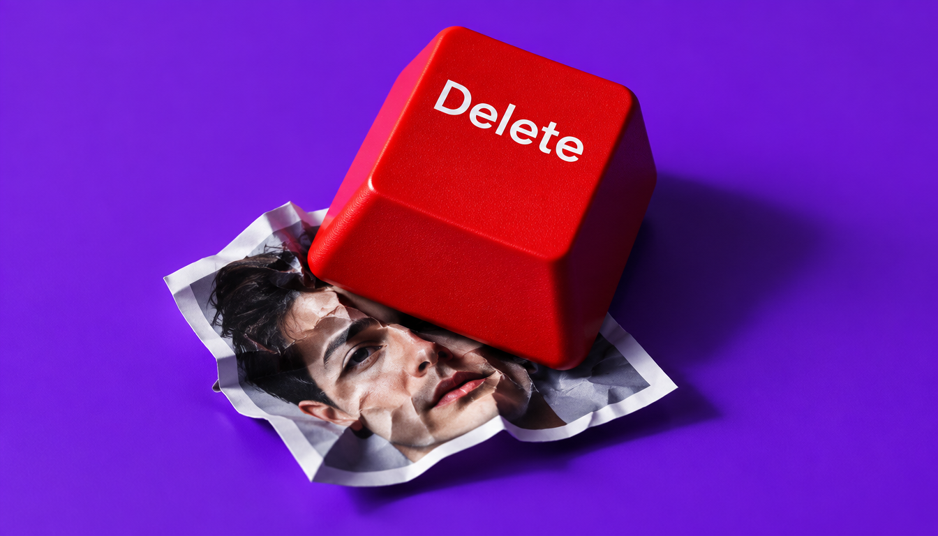 A giant red delete key crushing a crumpled printed portrait photo on an electric purple background