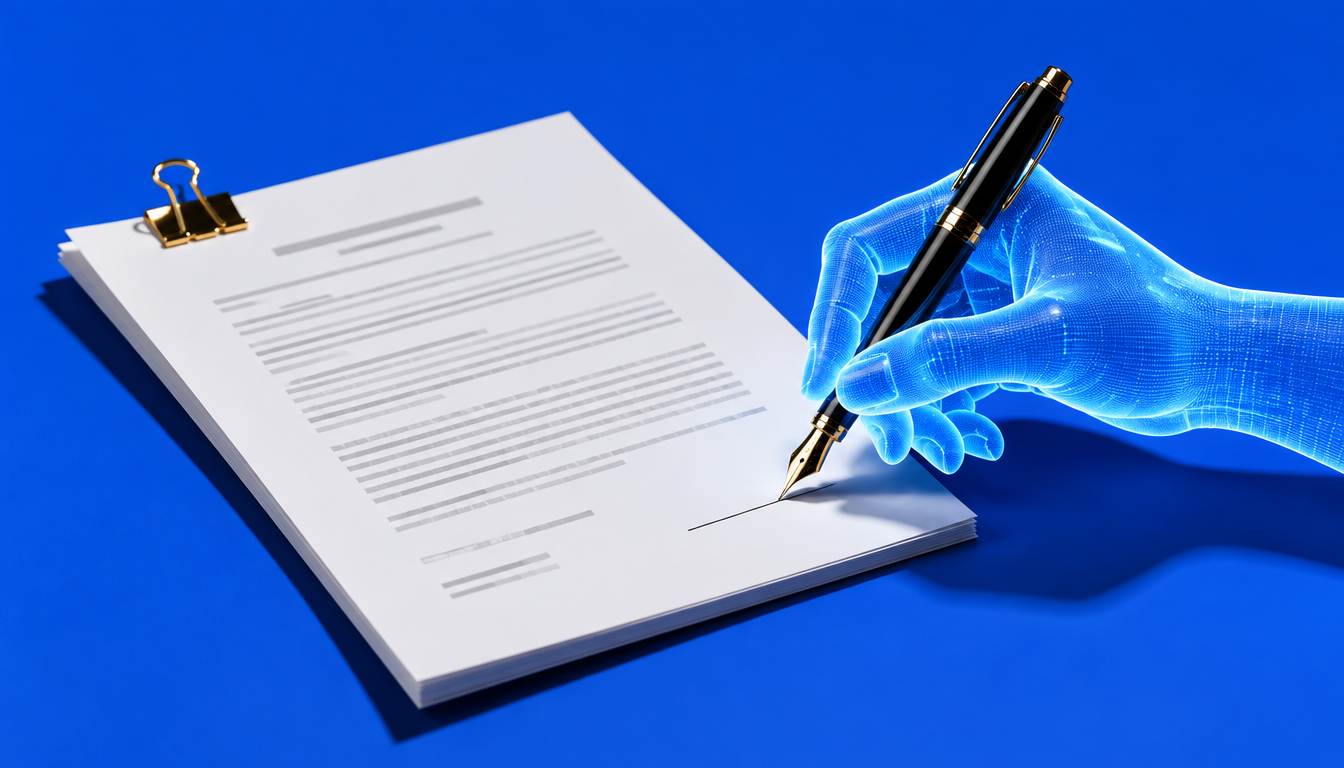A holographic blue hand signing a contract with a fountain pen on a cobalt blue background