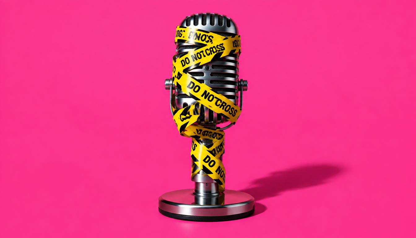 A chrome studio microphone wrapped in yellow do-not-cross tape on a hot pink background
