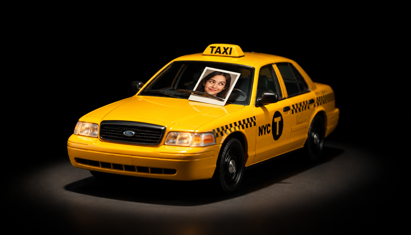 A yellow NYC taxi with a portrait photo tucked under its windshield wiper like a parking ticket, on a black background